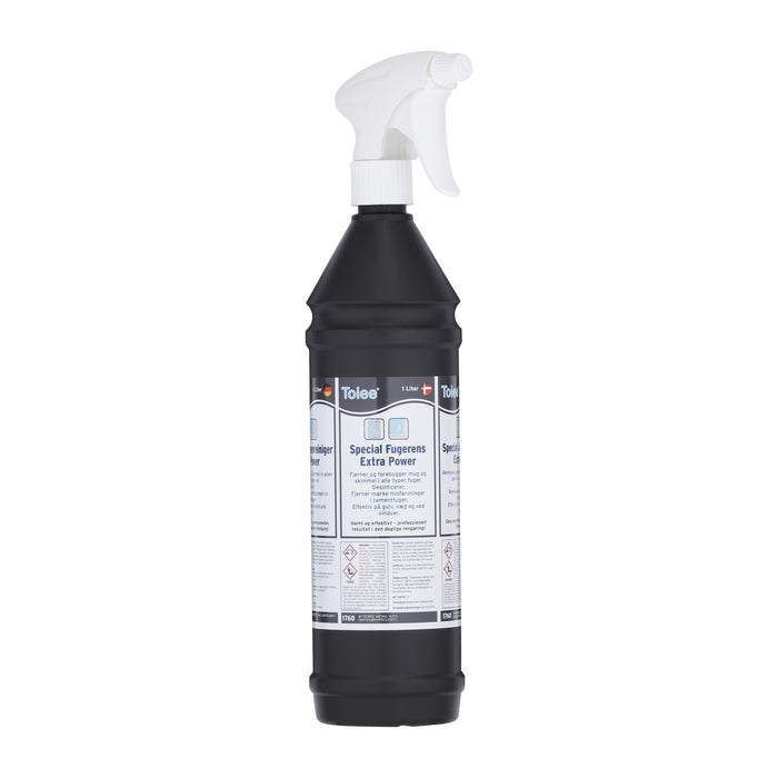 Toiee Special FUGERENS Extra Power (1000 ml). Spray Fugerens på og lad virke i cirka 10 minutter og skyl af. Fugerens renser og desinficerer effektivt sorte fuger. Fjerner effektivt mug og skimmel. Den enkleste måde til pæne og rene fuger