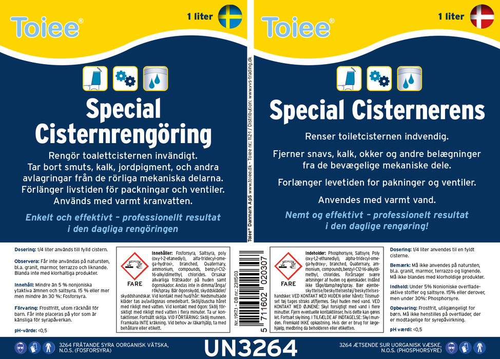 Toiee Special CISTERNERENS (1 liter). Fyld cisternen med varmt vand og 1/4 l Cisternerens og kalkbelægningerne opløses.