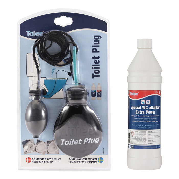 Toiee Toilet Plug og 1 liter Toiee Special WC Afkalker Extra Power. Effektiv kalkjerner. Afkalker toiletkummen enkelt og helt af sig selv. Toiletkummen stilles i blød og kalkbelægningerne opløses