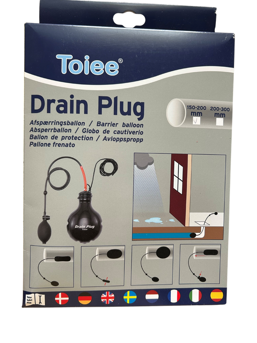Toiee Drain Plug 150-200 mm (afløbsprop til sikring ved skybrud). Benyttes også som rørballon og afspærringsballon ved reparationer. Komplet med ballon, slange og pumpe