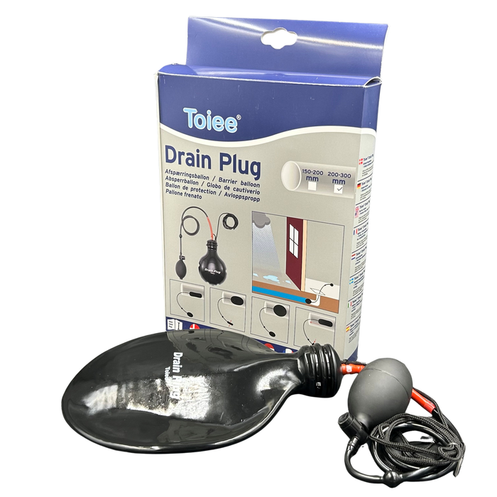Toiee Drain Plug 200-300 mm (afløbsprop til sikring ved skybrud). Benyttes også som rørballon og afspærringsballon ved reparationer. Komplet med ballon, slange og pumpe