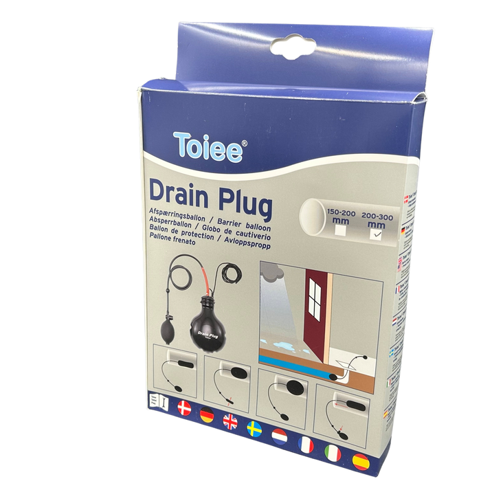 Toiee Drain Plug 200-300 mm (afløbsprop til sikring ved skybrud). Benyttes også som rørballon og afspærringsballon ved reparationer. Komplet med ballon, slange og pumpe