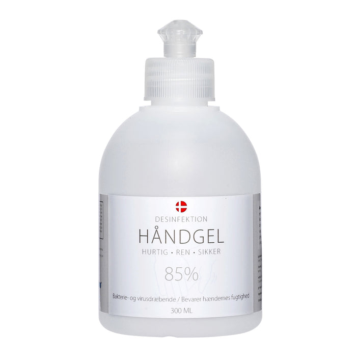 Håndsprit GEL 300 ml - 85%. Flot frosted flaske du kan  have stående fremme i f.eks. bad eller køkken.