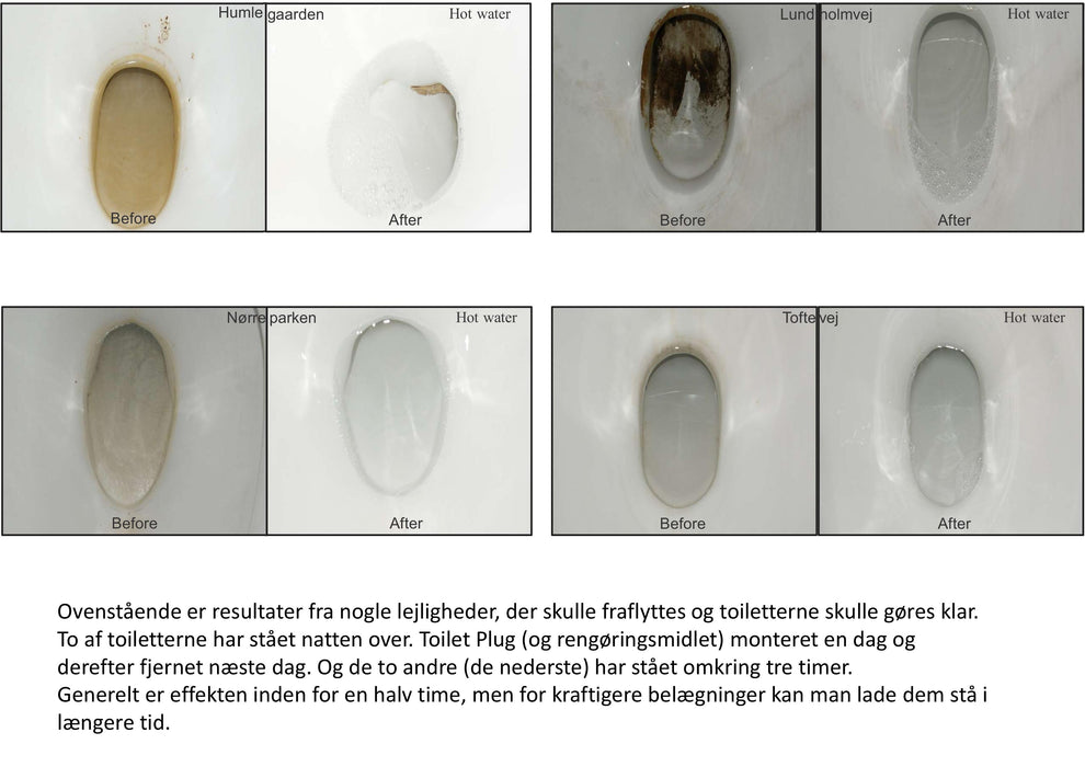 Toiee Toilet Plug blokerer toilettets afløb (vandlåsen), så toiletkummen kan fyldes helt eller delvist med varmt vand og et de tre rensemidler